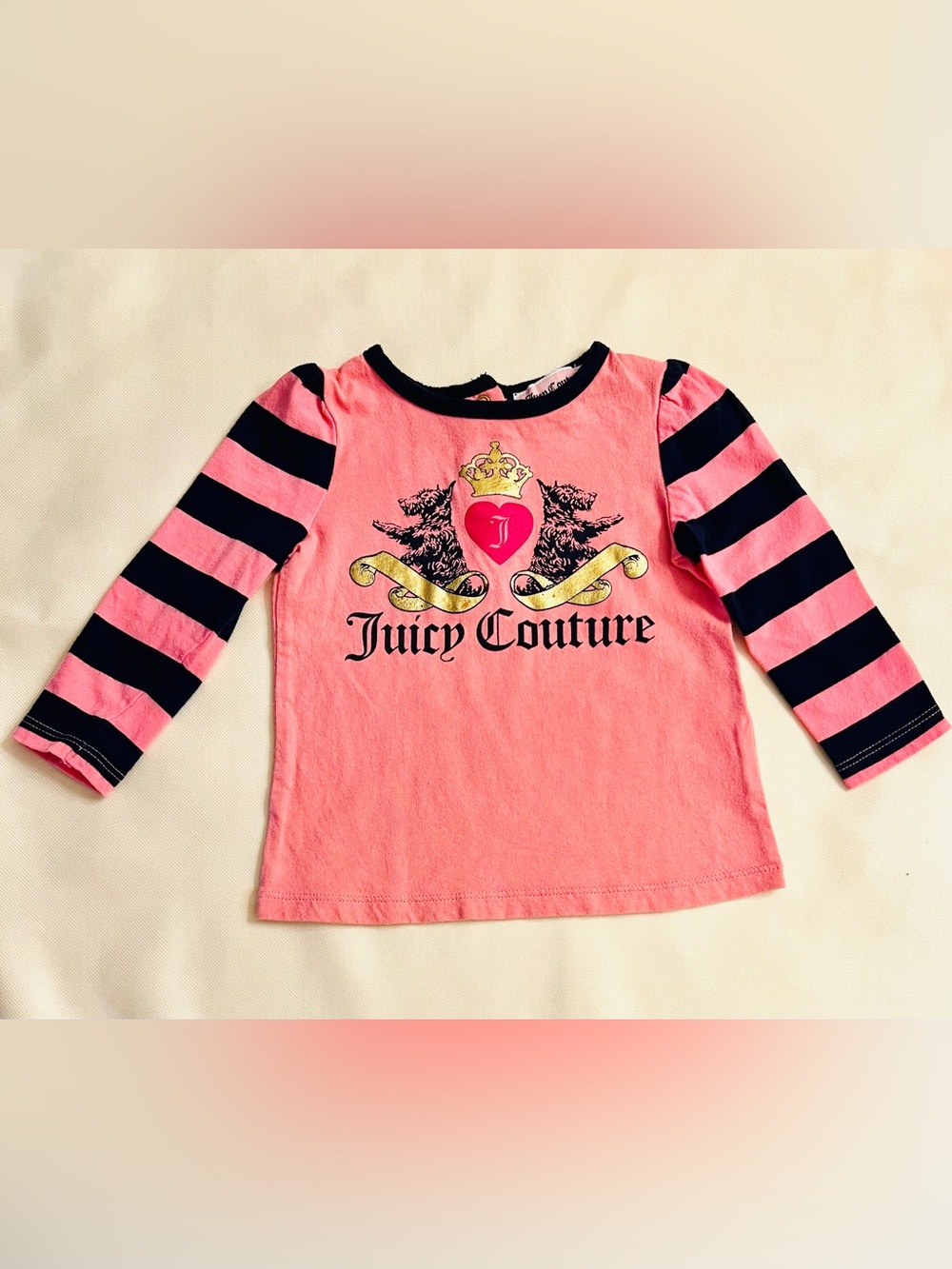 Juicy Couture Pink Long Sleeve Logo Tee with Black Striped Sleeves
